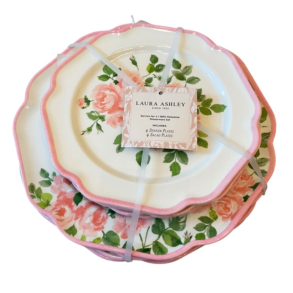 8pc Laura Ashley Pink Rose Floral Melamine Salad & Dinner Plate Set Spring NEW